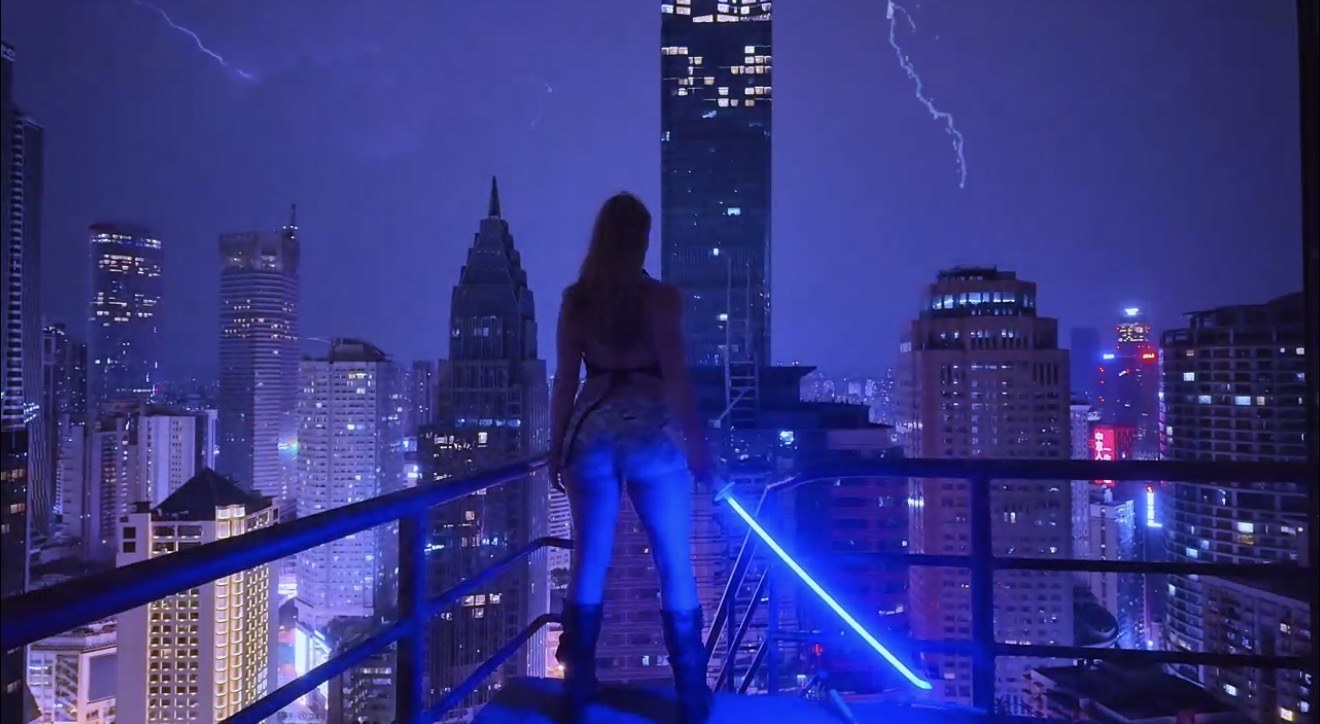 Light-tube rooftop shoot under lightning