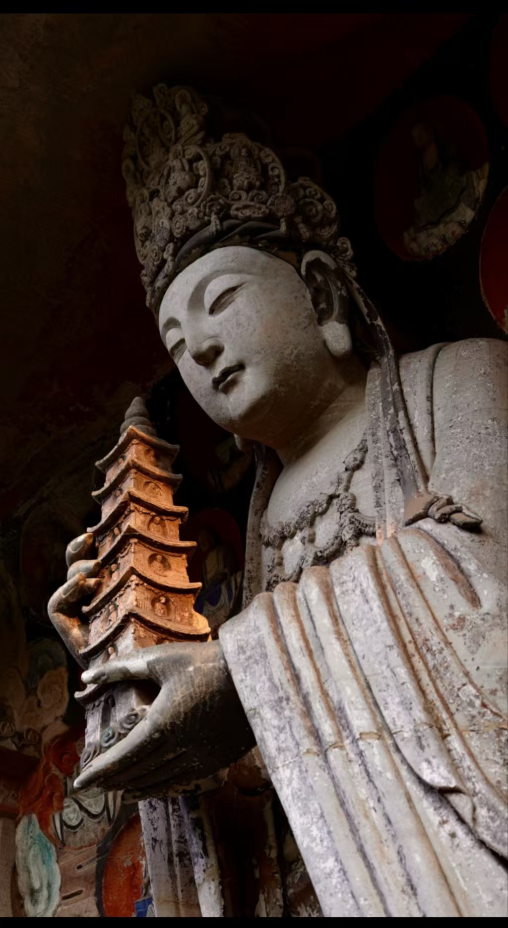 Dazu carving detail, bodhisattva with pagoda