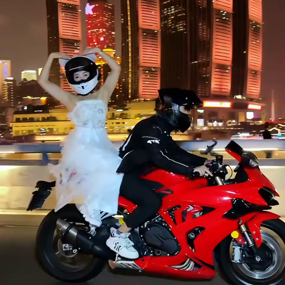 White dress motorbike shoot under the towers