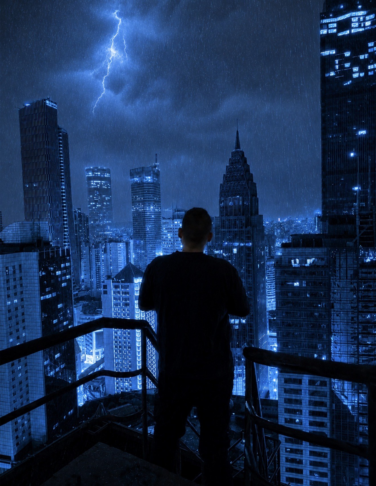 Storm over the skyline from a rooftop balcony