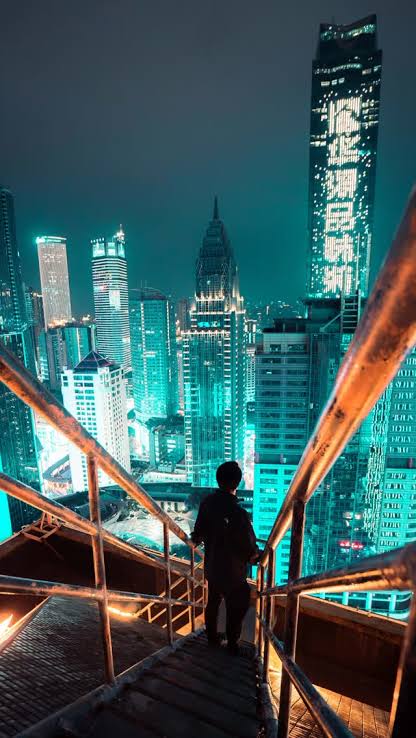 Rooftop stairway looking out over downtown