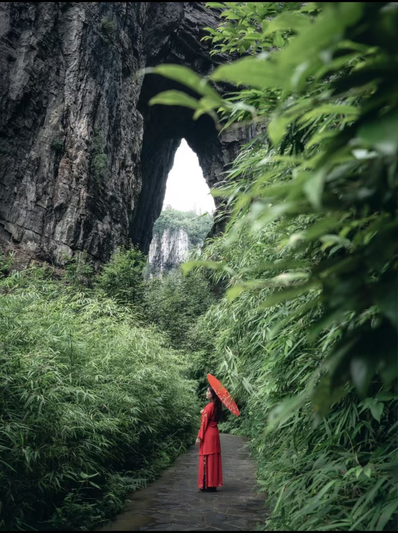 Bamboo path under the karst arch